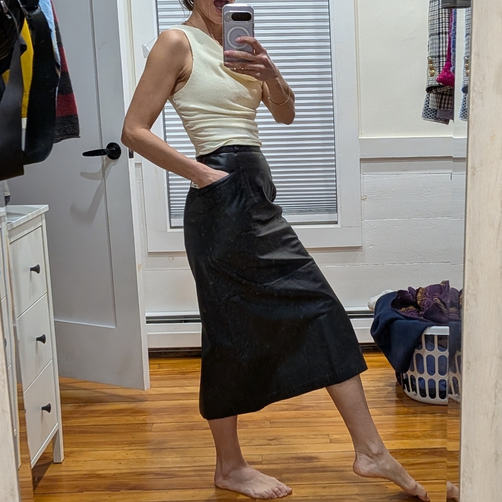 Vintage Deauville Black Genuine Leather Pencil Skirt -0/2